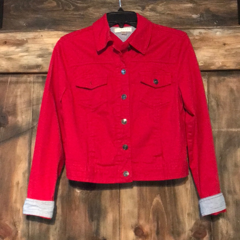 Red denim jean jacket